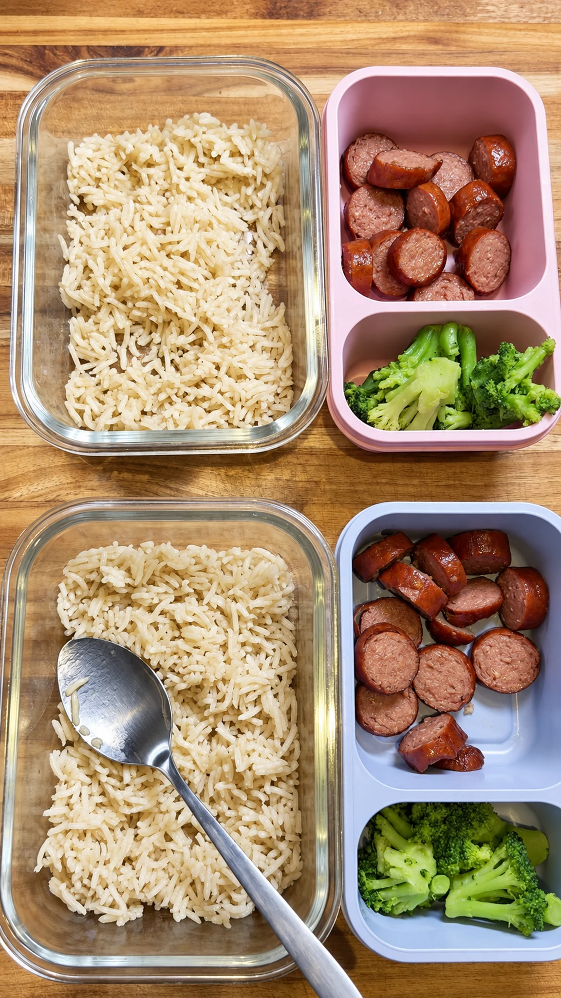 Bone-broth rice beside the separate kid sausage and broccoli trays