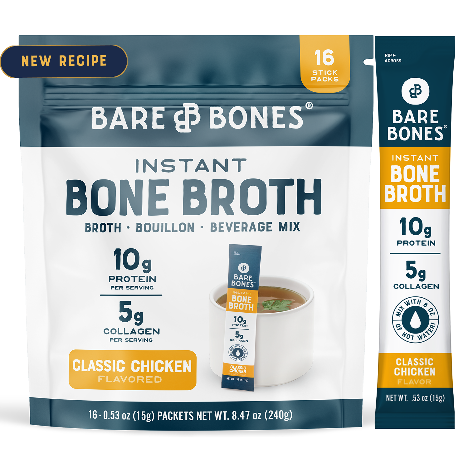 Bare Bones Bone Broth (chicken or beef) — cartons or Instant Sticks
