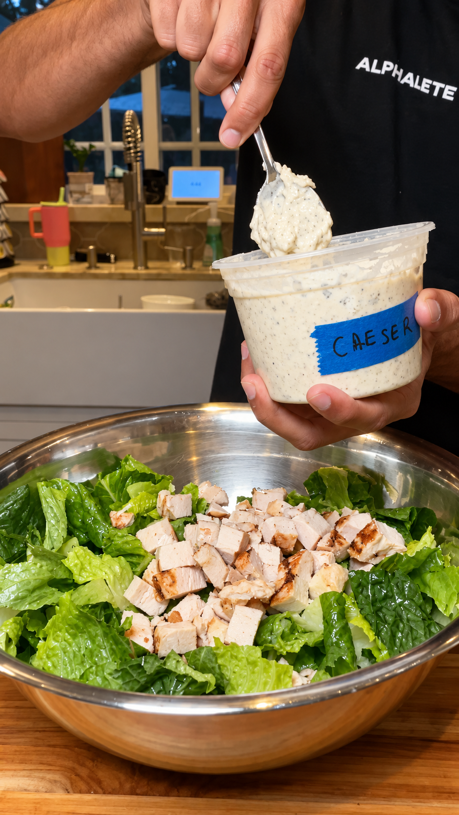 Cooked chicken and homemade Caesar dressing added to romaine
