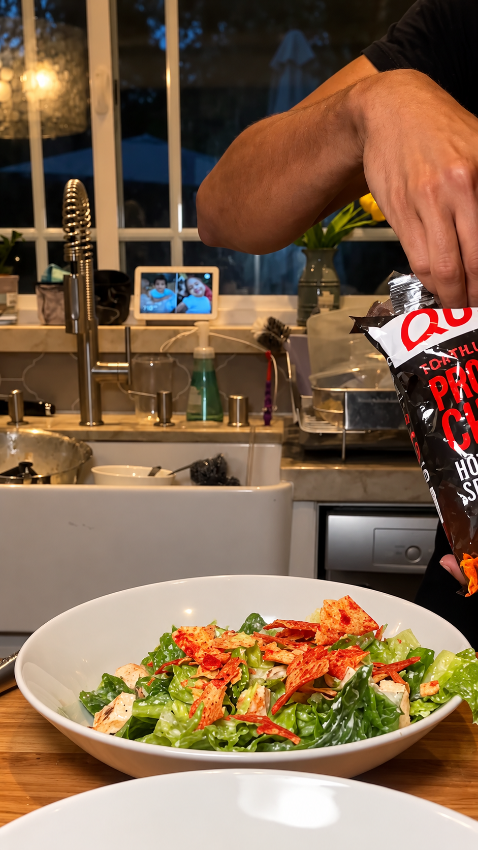 Quest protein chips finishing the filmed salad