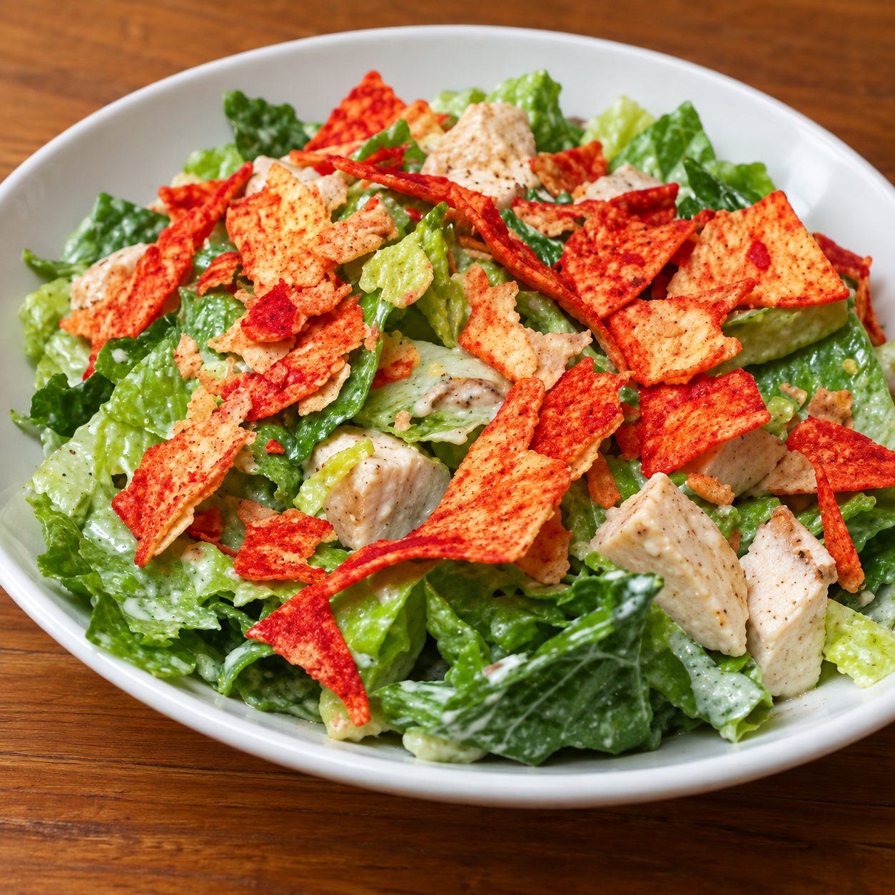 Close view of the filmed romaine chicken Caesar salad with Quest chips