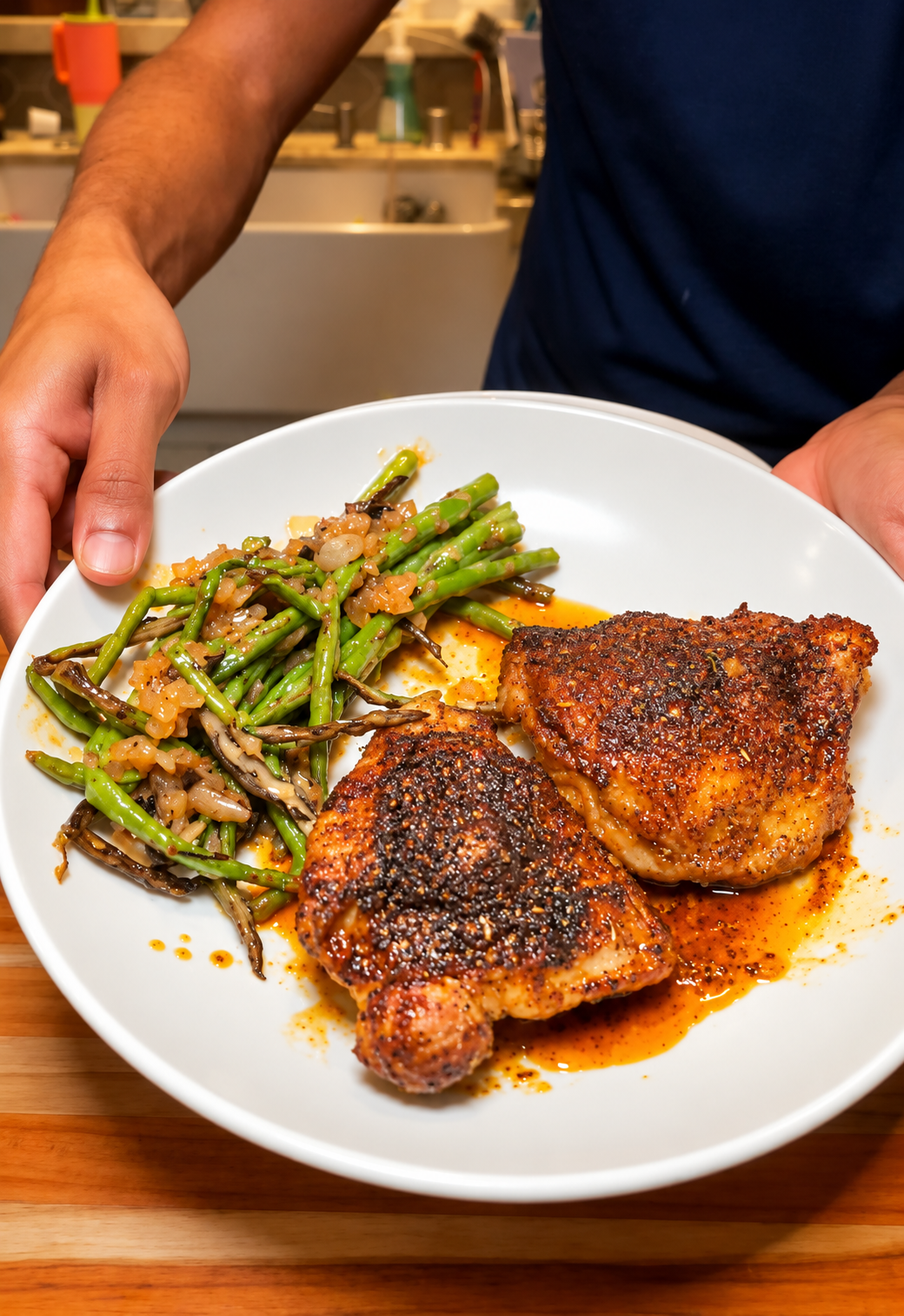 Filmed adult Dan-O's bone-in thighs and asparagus