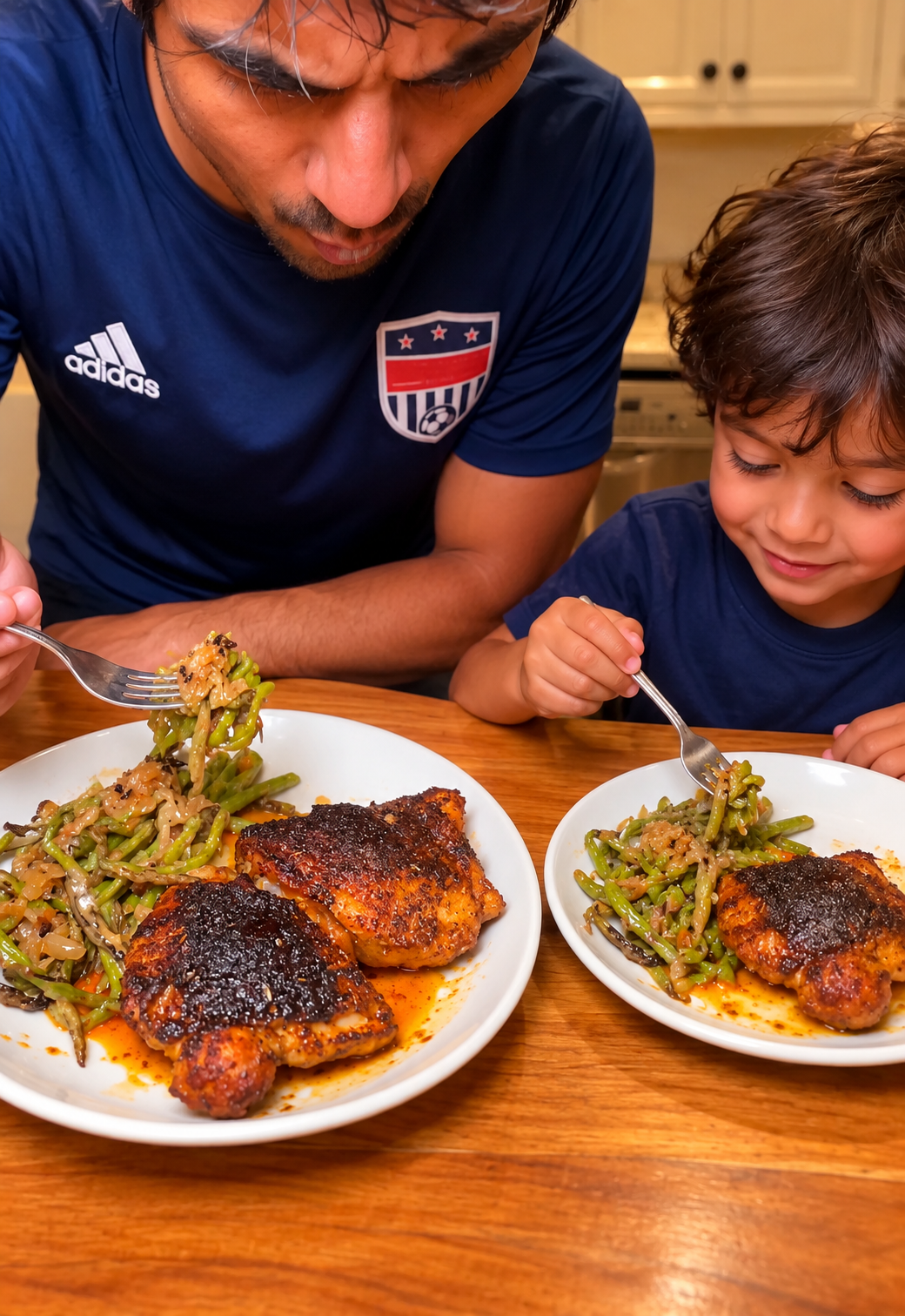 Filmed adult chicken plate beside asparagus